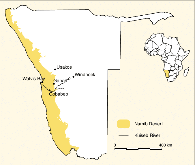 namib desert with landmarks and cities